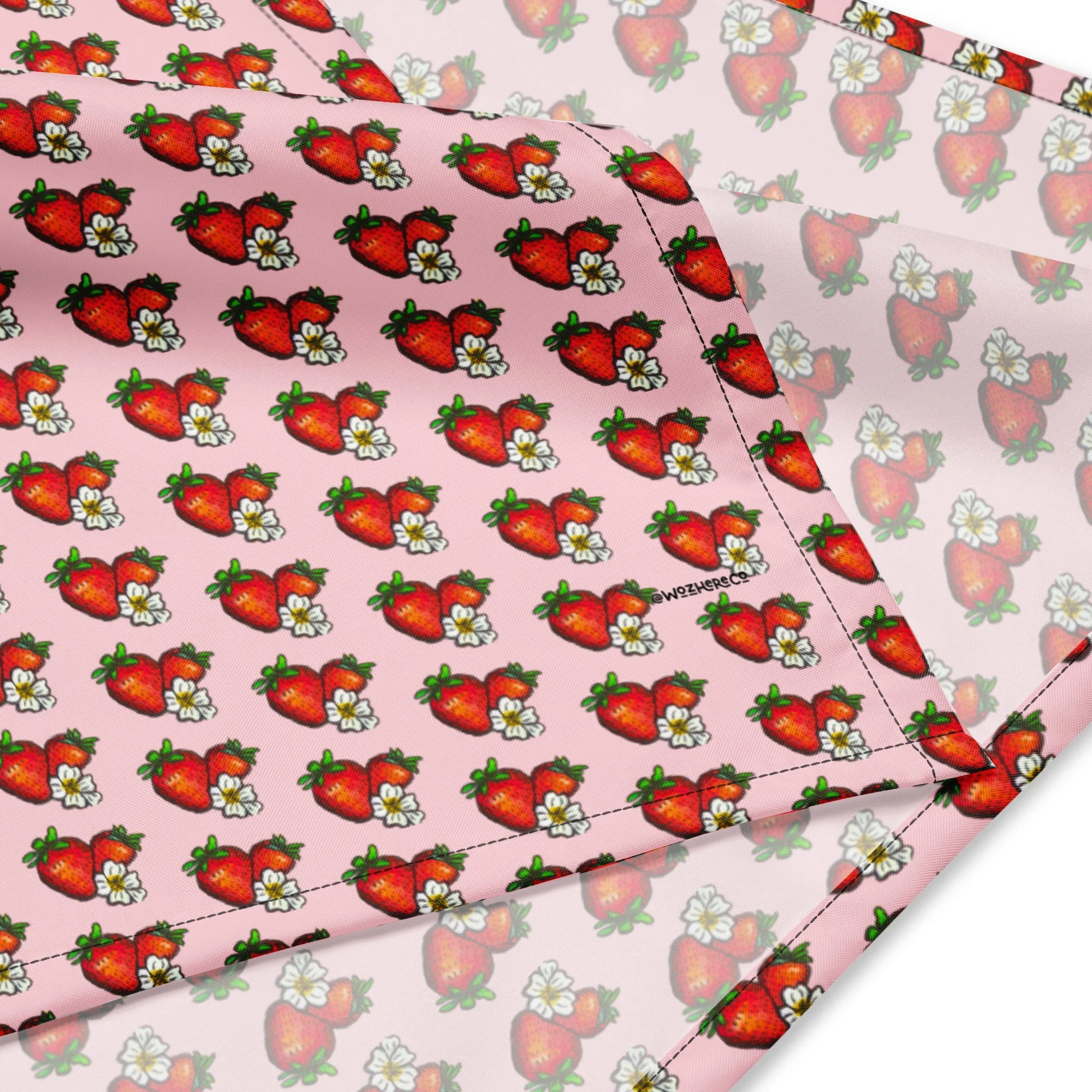 Hand-drawn watercolor ripe red strawberries with green leaves pattern on a pet bandana