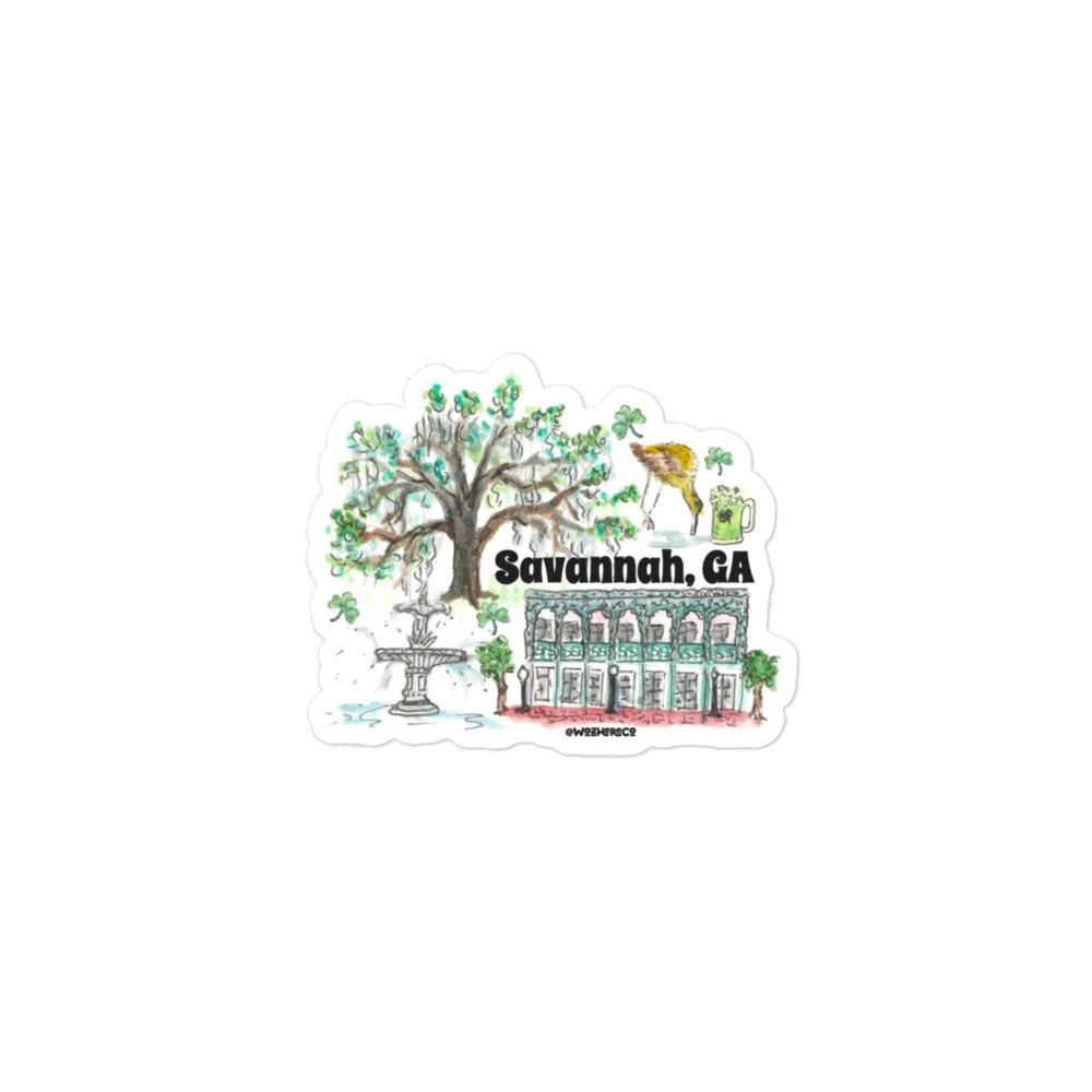 Savannah Georgia die-cut waterproof vinyl sticker with Spanish moss live oak and rowhome design