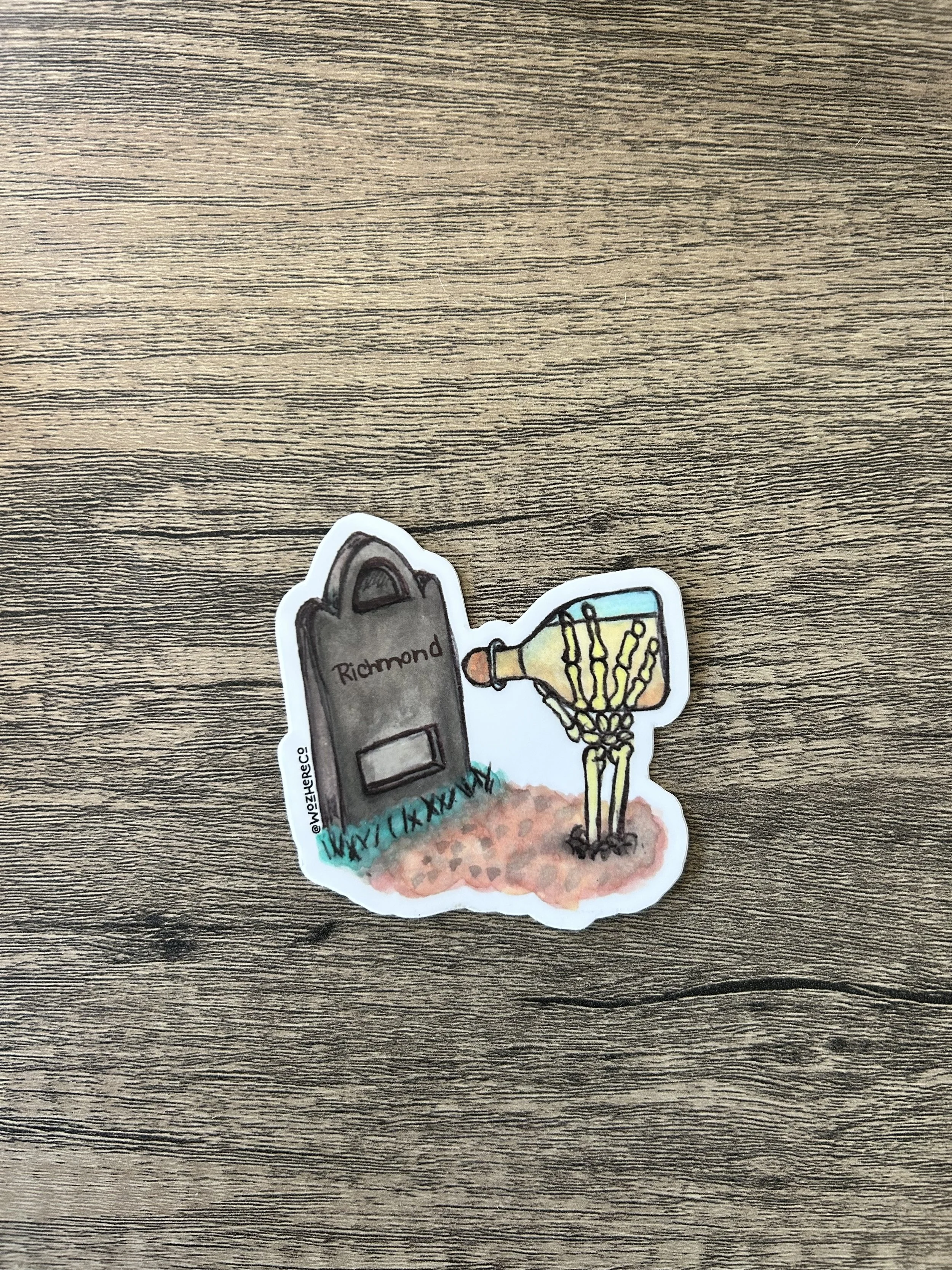 hand-drawn watercolor sticker, waterproof vinyl decal, dishwasher safe sticker, outdoor vinyl sticker, spooky Richmond art, skeleton hand pouring liquor sticker