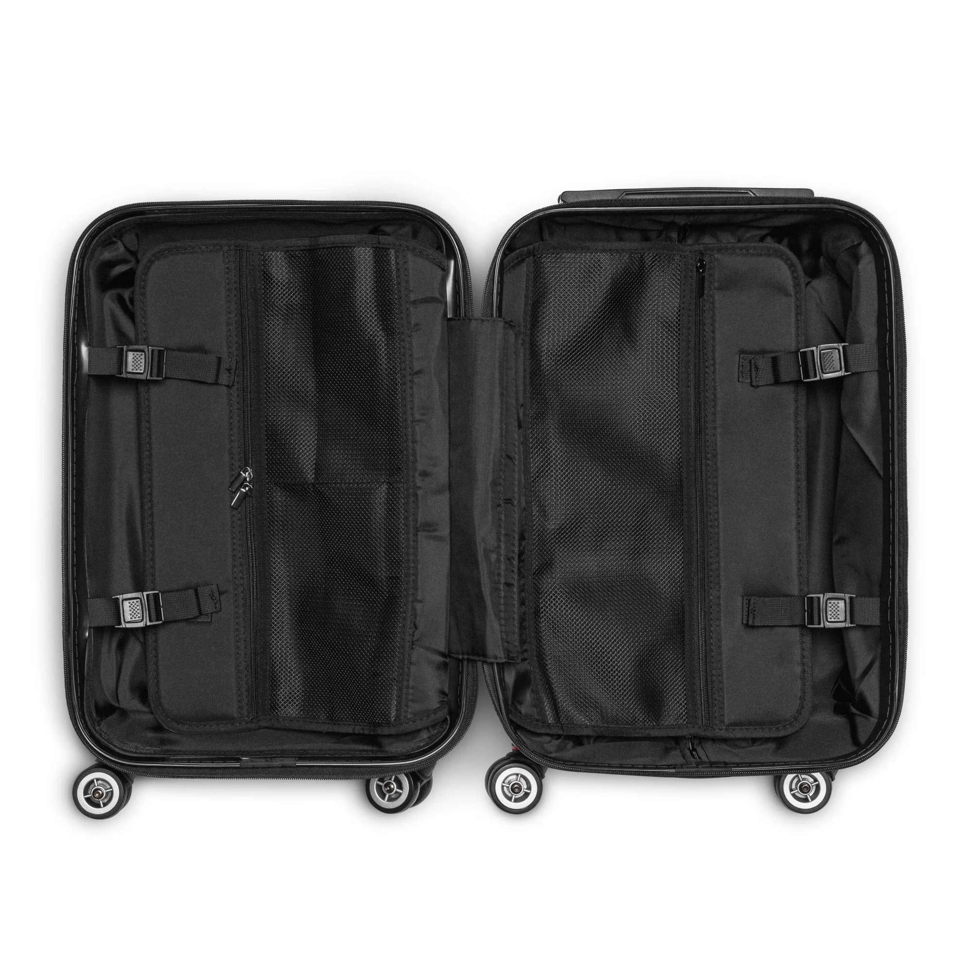 Smart Interior Organization: Features full zippered dividers, mesh utility pockets, and adjustable compression straps to maximize packing volume.