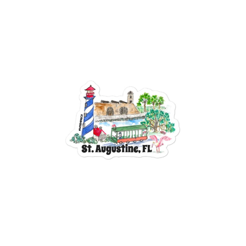 St. Augustine Florida die-cut waterproof vinyl sticker featuring the historic lighthouse and palm trees