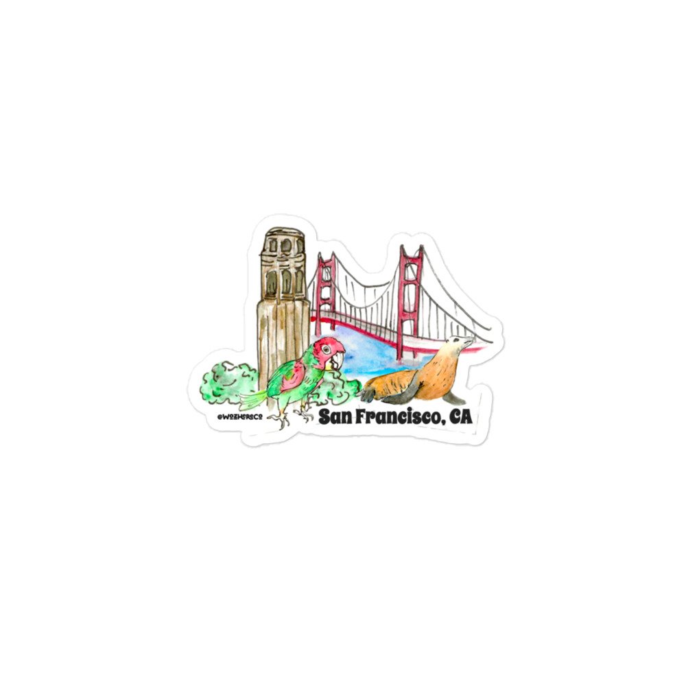 San Francisco die-cut sticker featuring Golden Gate Bridge, Wild Parrots of Telegraph Hill, and a Pier 39 Sea Lion.