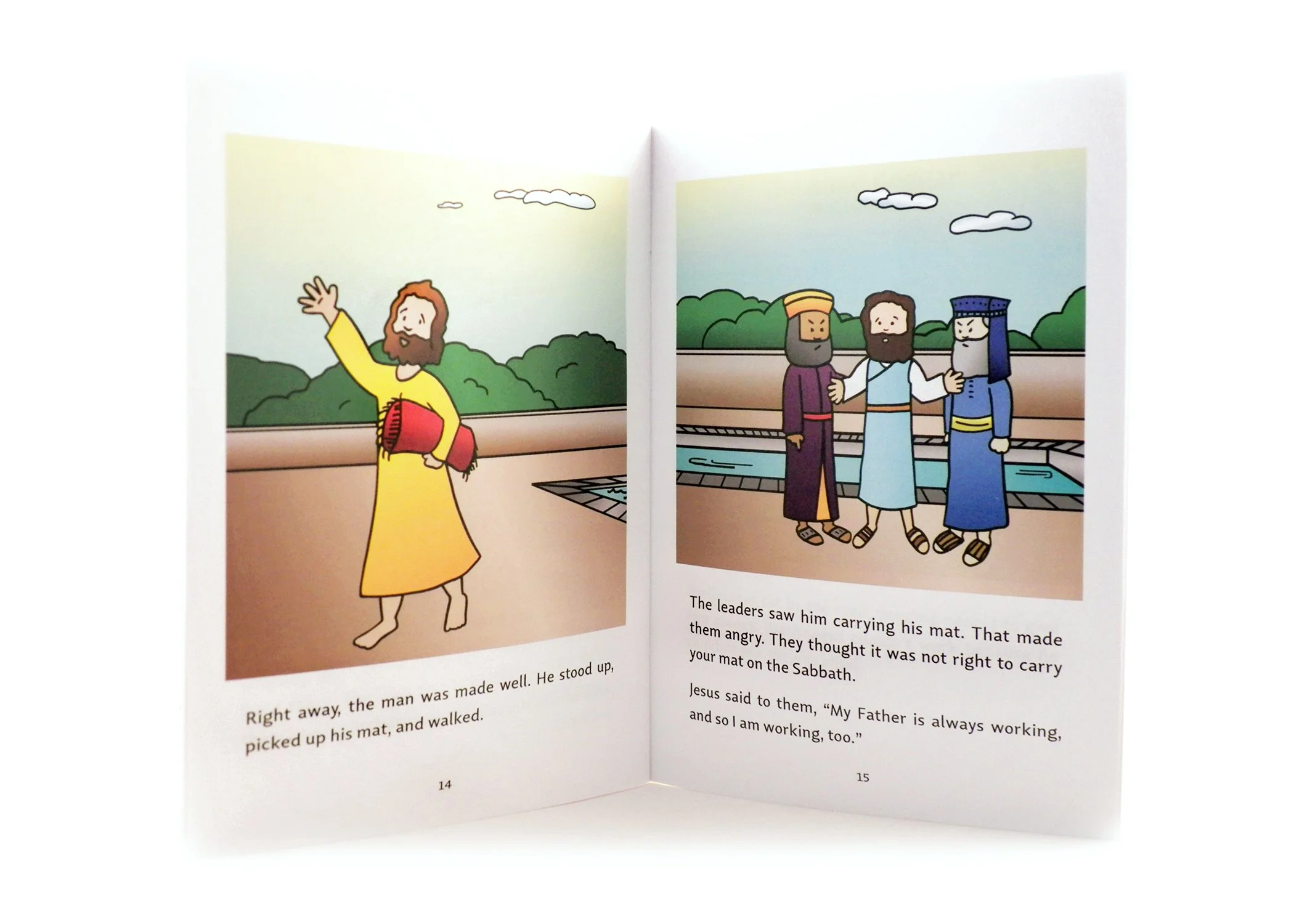 Illustration from a children's book showing Jesus carrying his mat, waving with his right hand, and three leaders standing nearby, one in purple, one in white, and one in blue, by a pool outdoors with trees and clouds in the background.