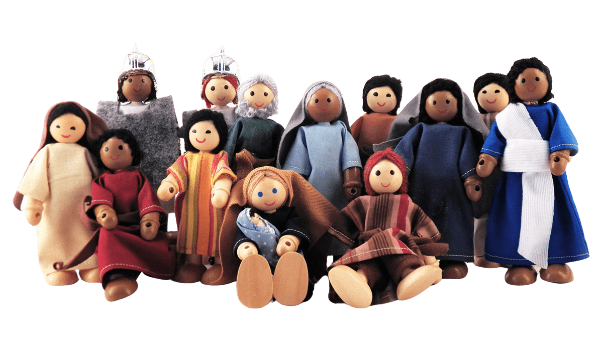 Dollhouse-style figures dressed in biblical clothing used for interactive children’s ministry storytelling and Bible lessons