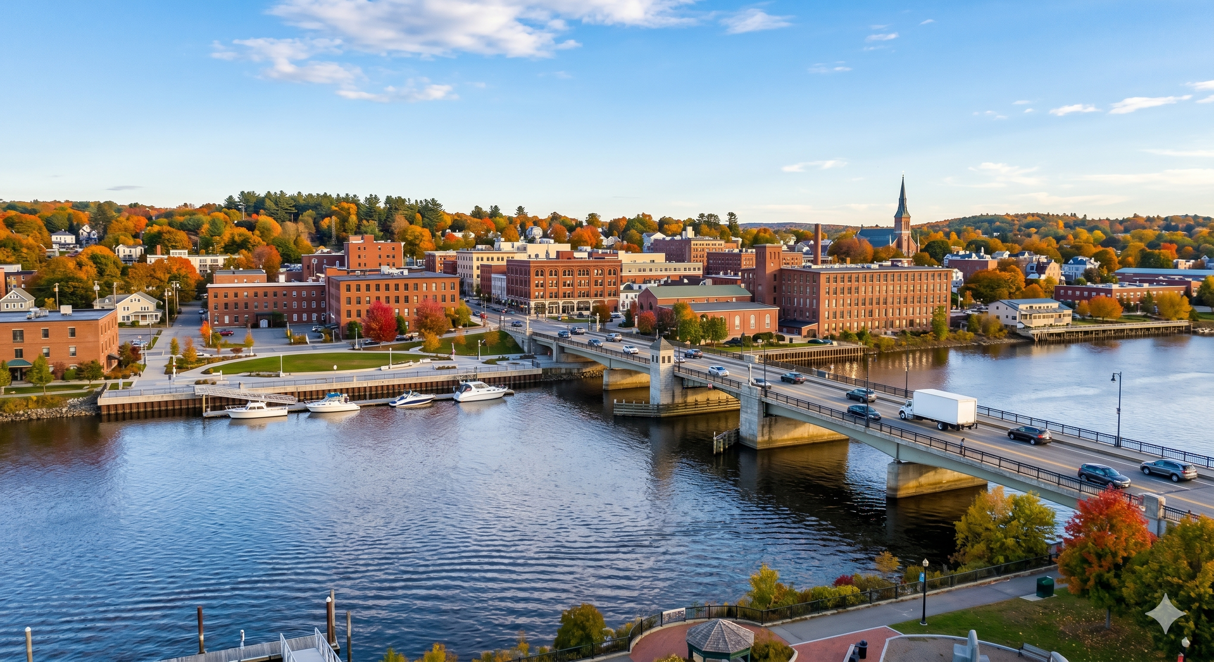 Moving Forward Transit truck crossing the bridge between Bangor and Brewer, Maine. Professional residential and commercial moving services in Penobscot County.