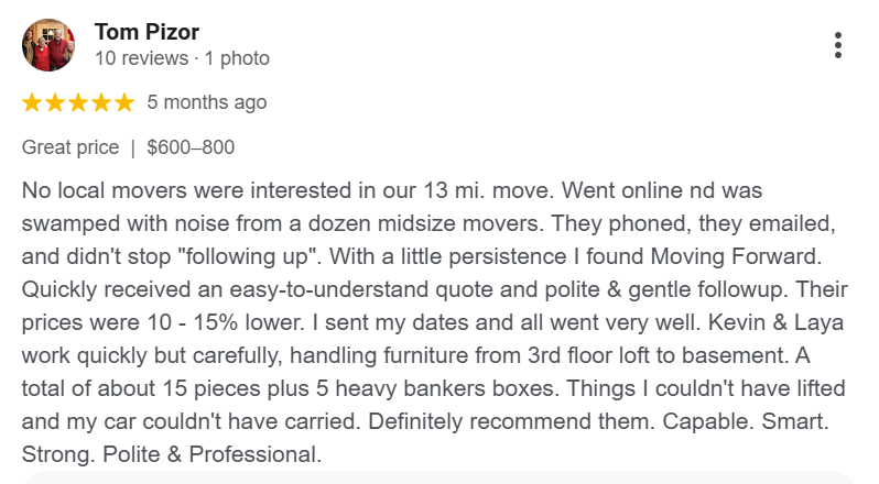 Moving Forward Transit - Customer Review - Augusta and Lewiston Maine Movers