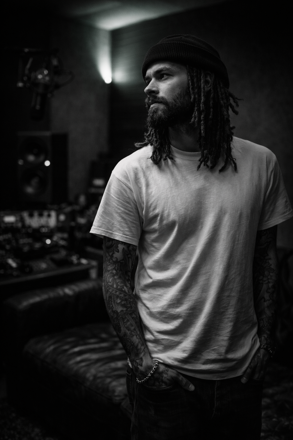 For The Few Records artist in recording studio Black-and-white