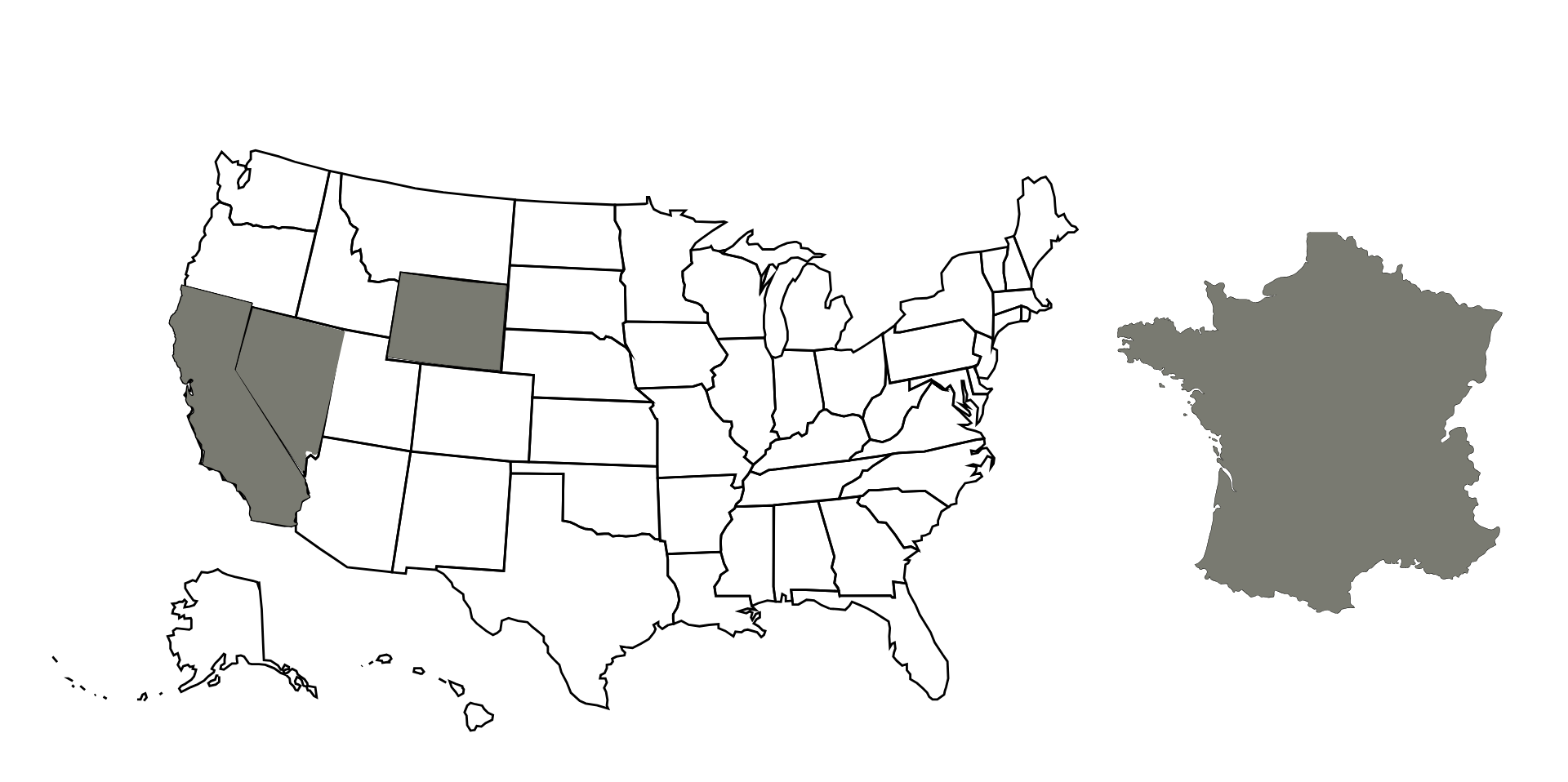 Map showing two states in the United States, each with a gray highlight. A larger map of France is also shown with an area highlighted, indicating a connection between these locations.