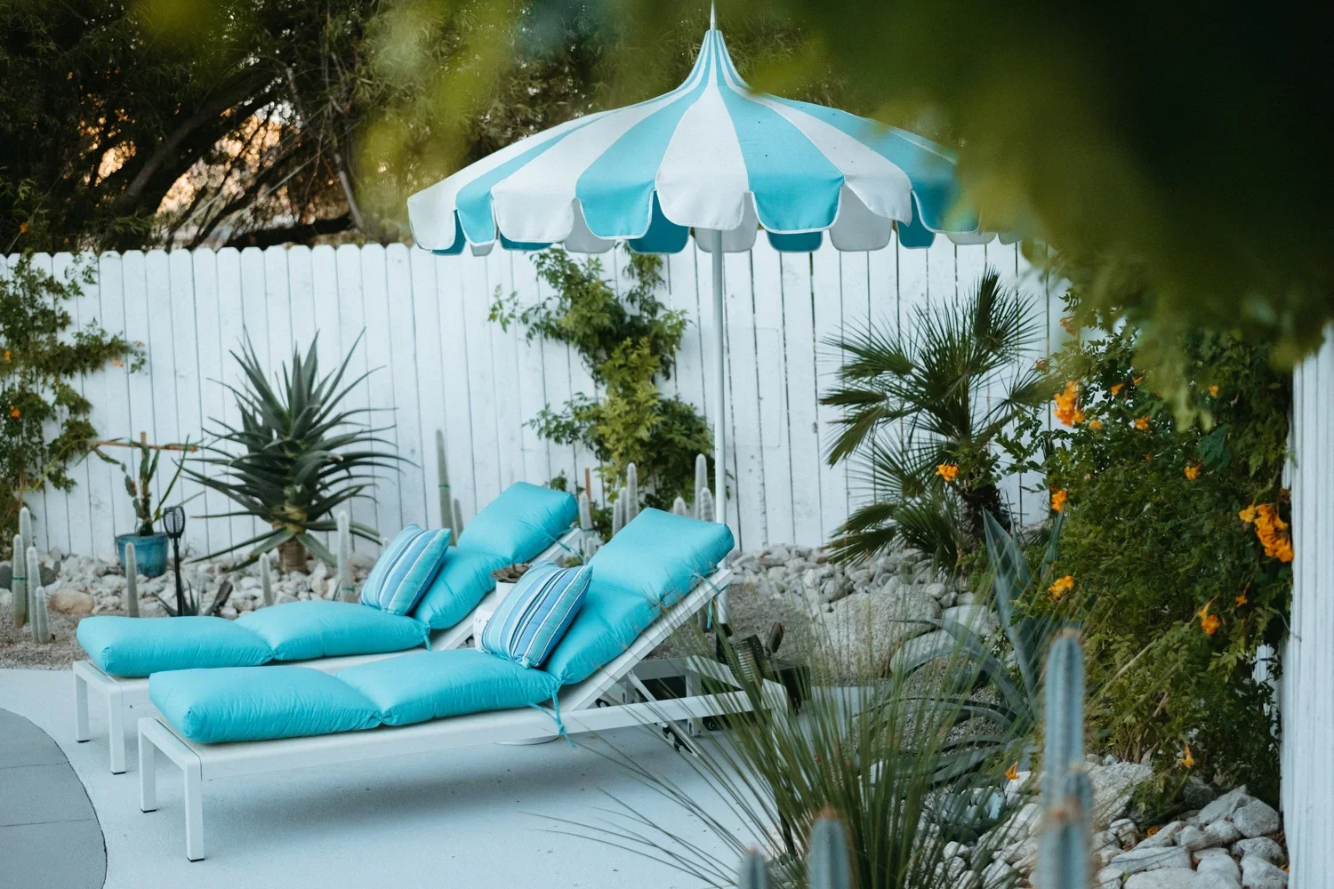 Two blue lounge chairs with striped pillows under a blue and white striped patio umbrella in a small backyard with tropical plants and a white fence.