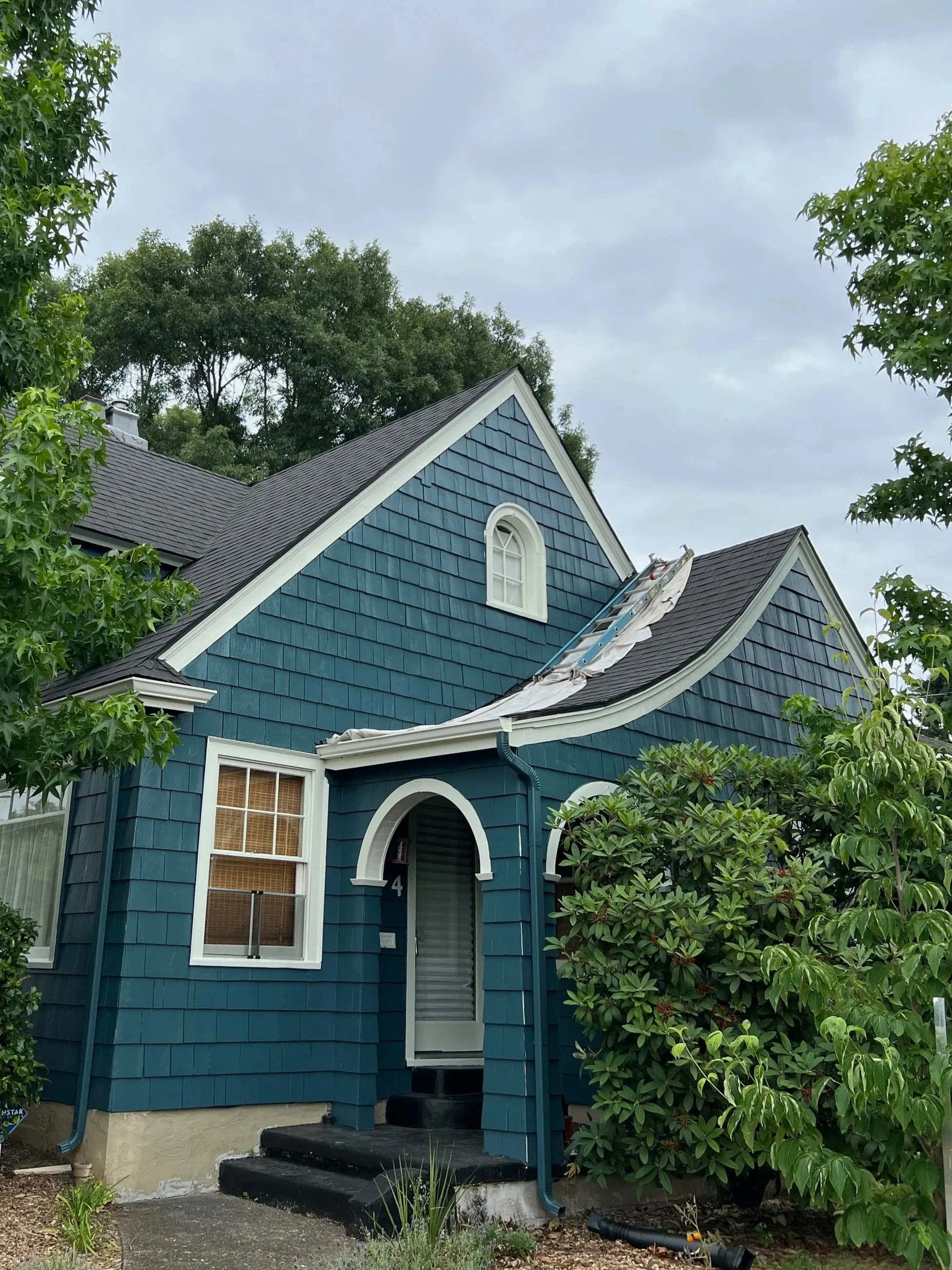 A blue house with black stairs and a small front yard with yellow flowers, surrounded by green trees and bushes. The house is under renovation, with a section of the roof covered with a tarp.