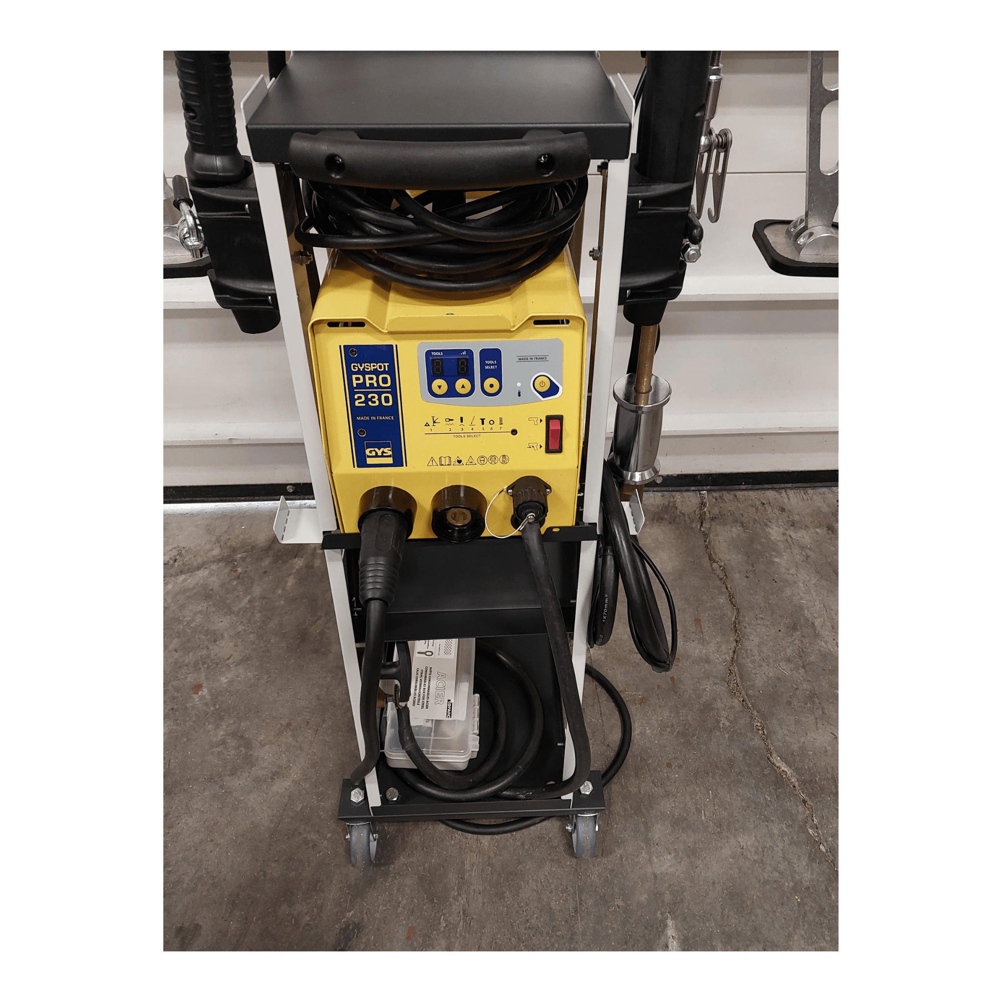 Front view of used GYS GYSPOT PRO 230 dent puller on rolling cart with pulling bridge