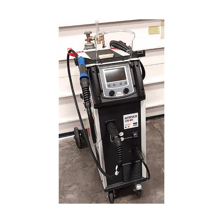 Front view of the used GYS AUTOPULSE 220-M1 MIG welder with welding torch attached..png