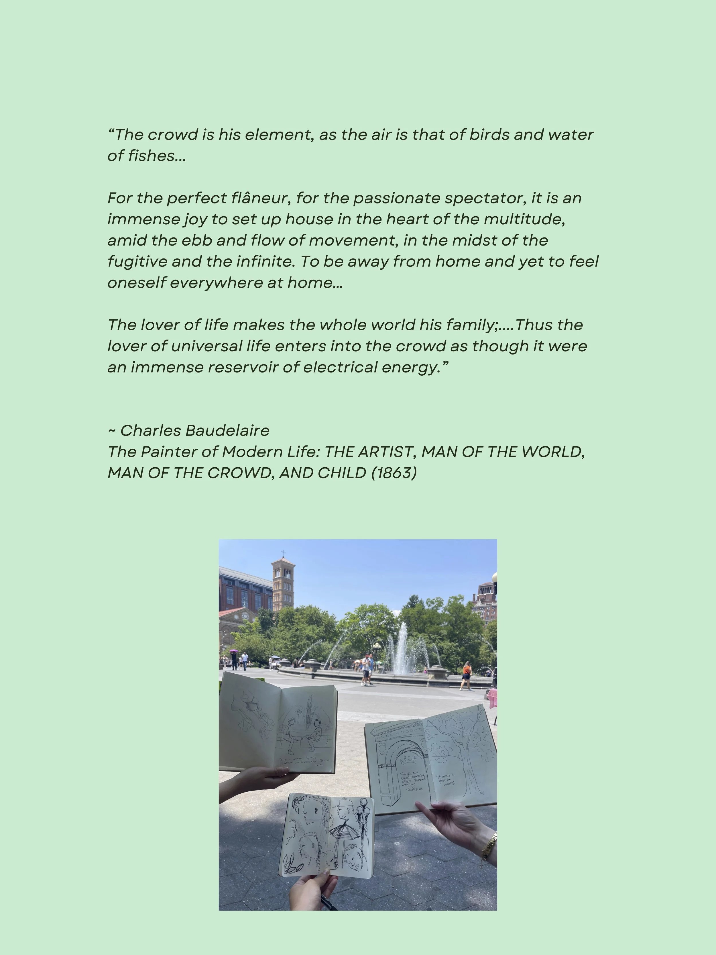 A photo of three people holding open sketchbooks with drawings, in front of a fountain in a park, with trees and buildings in the background.