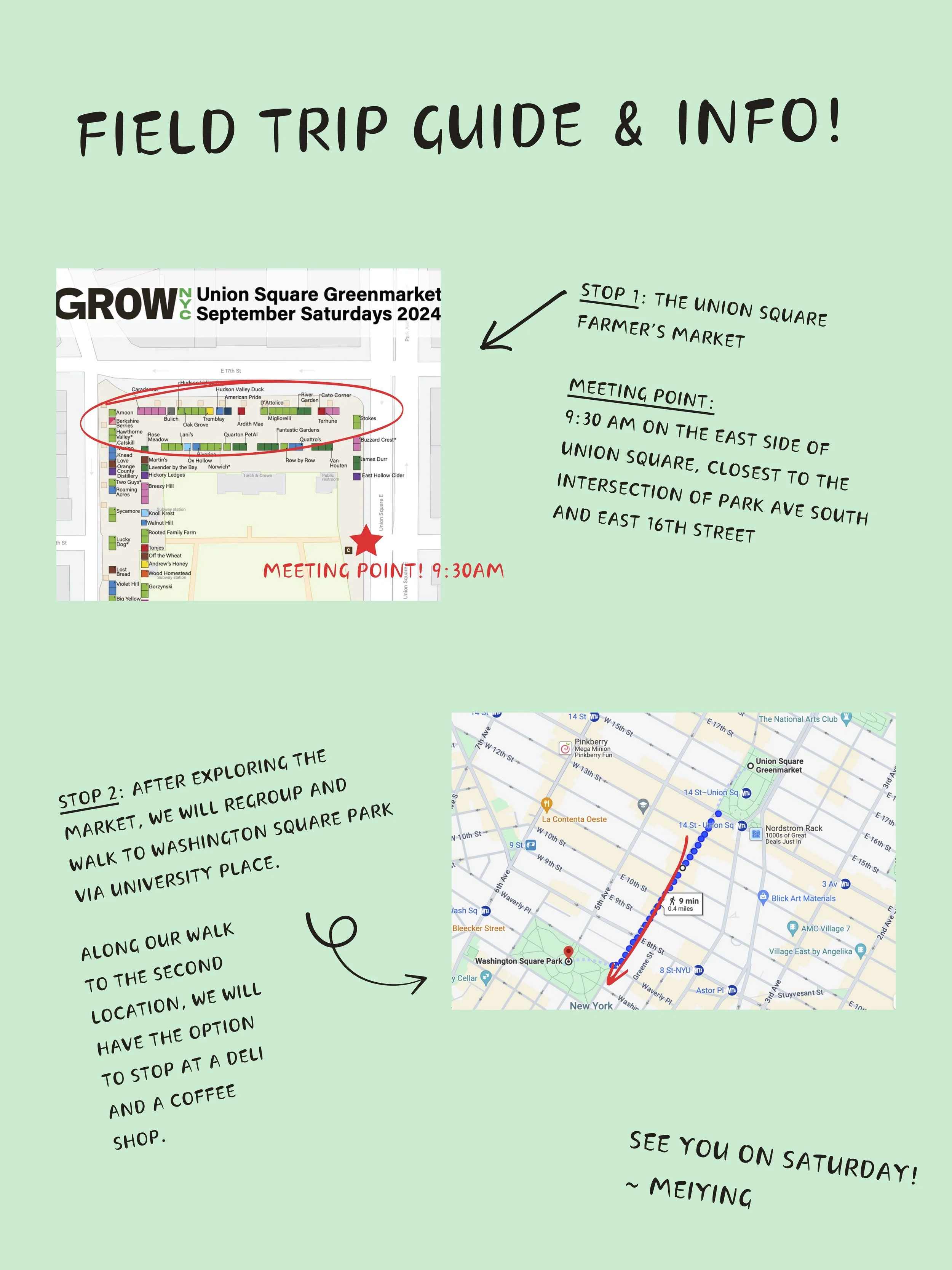 A colorful illustrated guide for a field trip in NYC, featuring maps and instructions for meeting points at Union Square Greenmarket and walk to Washington Square Park, with notes about exploring the market, walking, and stopping for coffee.