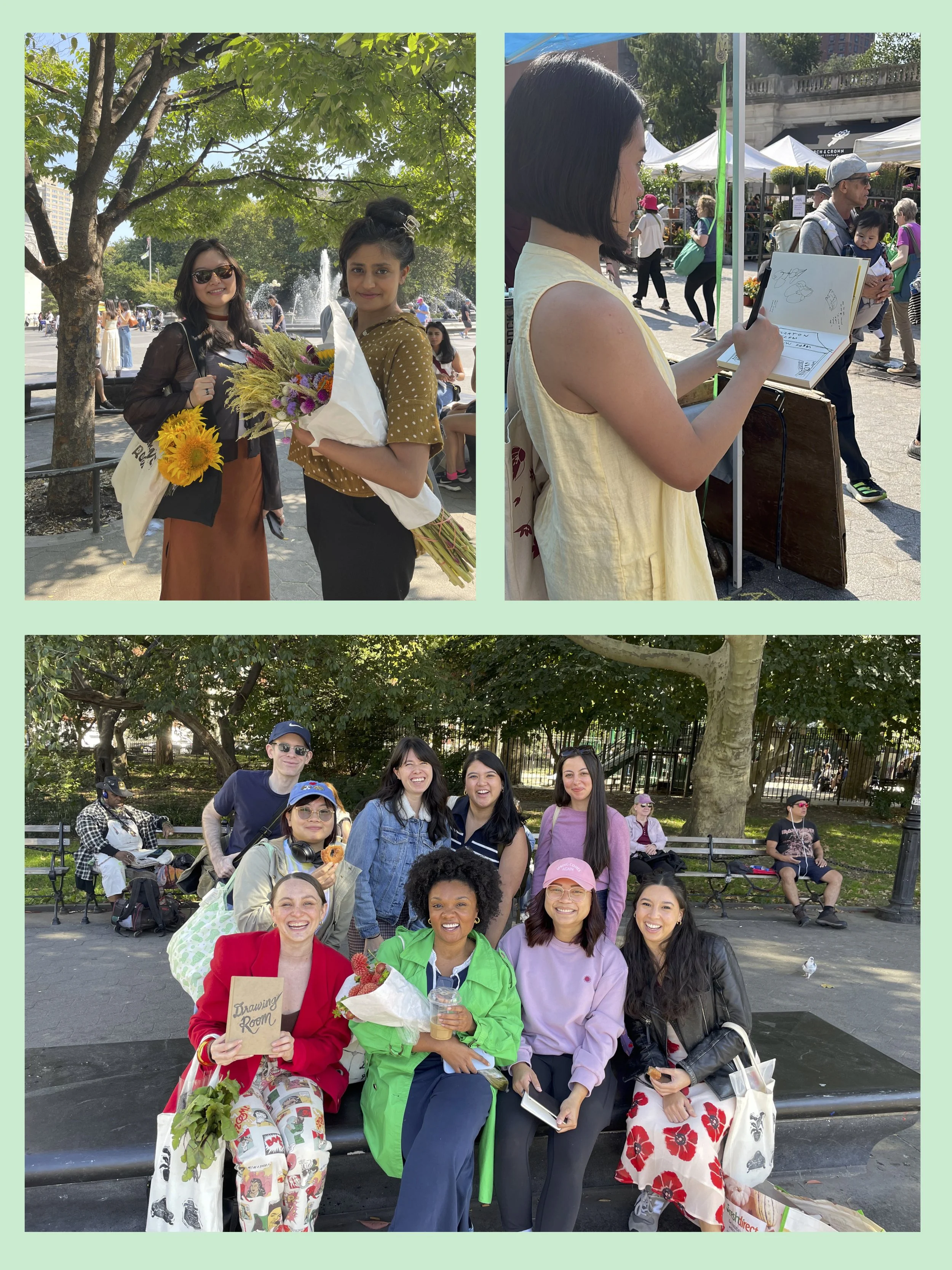 Collage of three outdoor scenes at a park with groups of smiling people, flower bouquets, and a woman sketching at a booth.