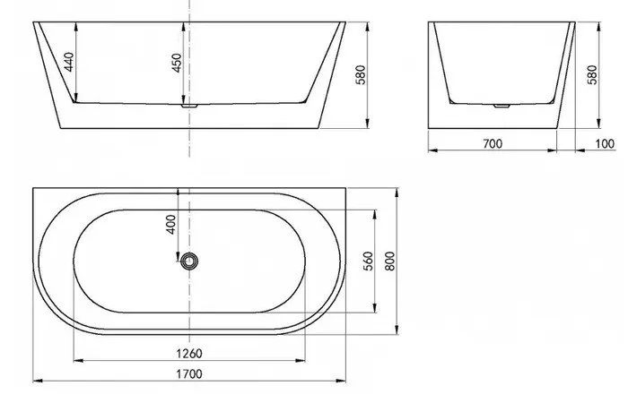 Verona - 1700 x 800 x 580 - Back to Wall Bathtub - Gloss White1 - dimensions.jpeg