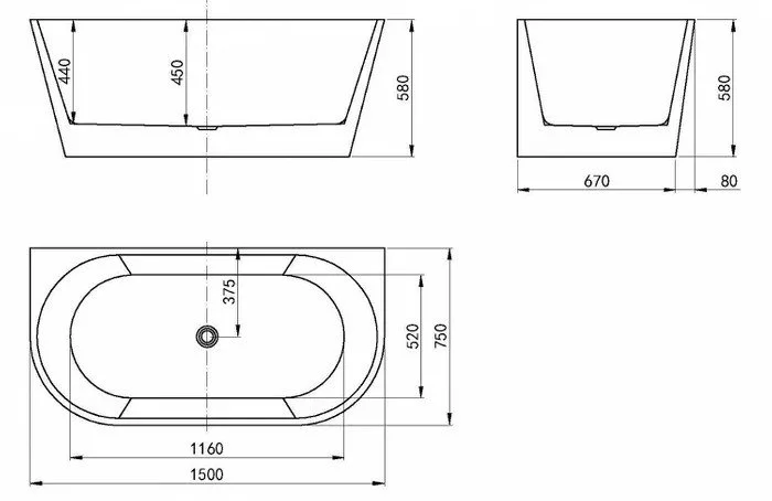 Verona - 1500 x 750 x 580 - Back to Wall Bathtub - Gloss White - dimensions.jpeg