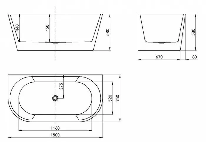 Verona - 1500 x 750 x 580 - Back to Wall Bathtub - Matt White - diemensions.jpeg