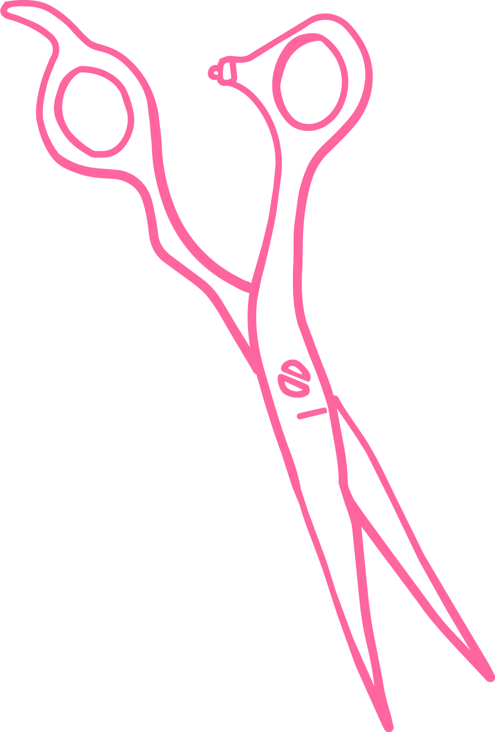 Illustration of a pair of pink and white scissors with a black background.
