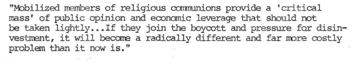 "Mobilized members of religious communitys... if they join the boycott disinvestment movement it will become a radically different and far more costly problem than it now is."