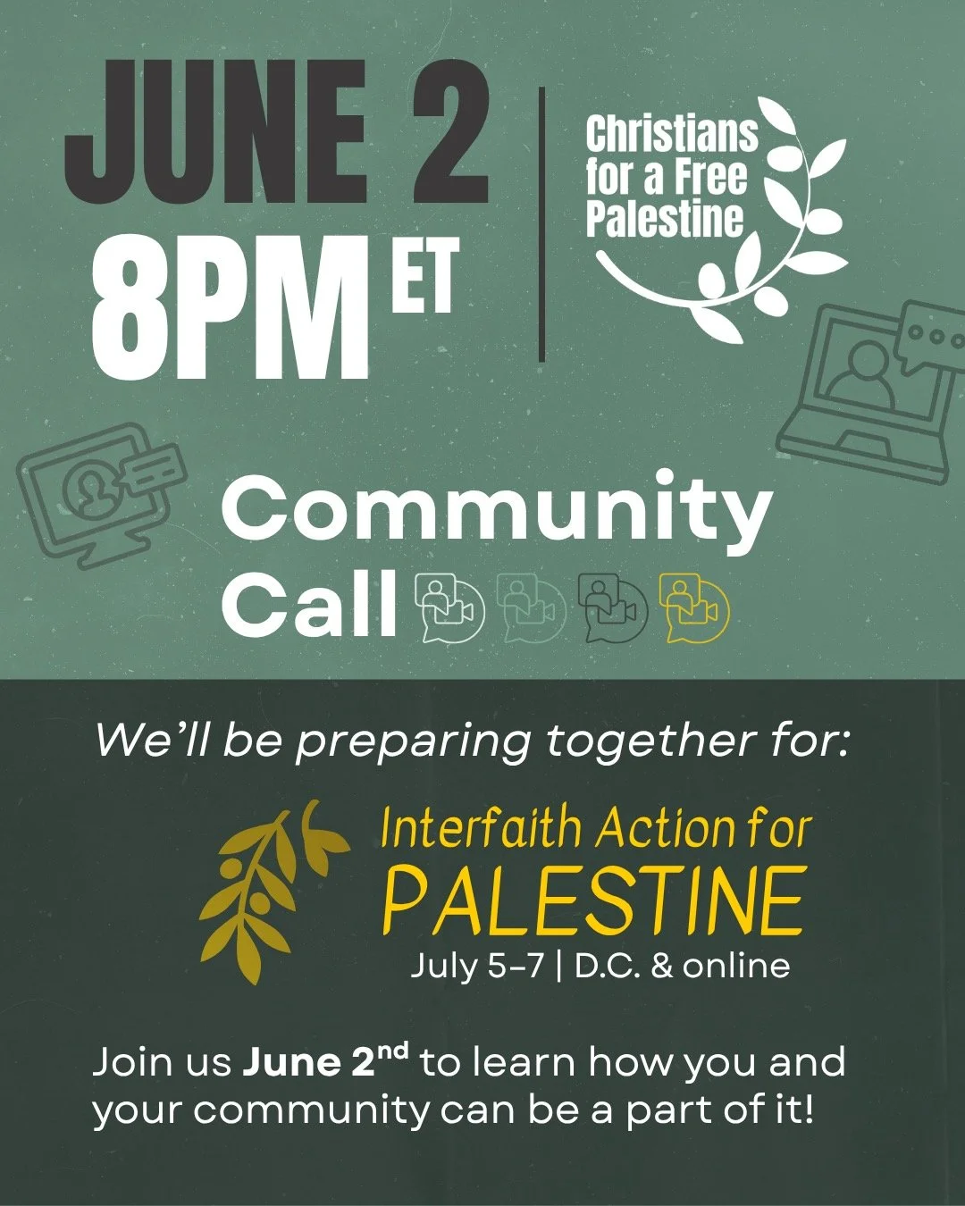 Join us June 2 at 8pm ET/ 5pm PT. We will focus on preparing together for the Interfaith Action for Palestine– ensuring we can bring all our gifts, skills, and songs together to pull off.