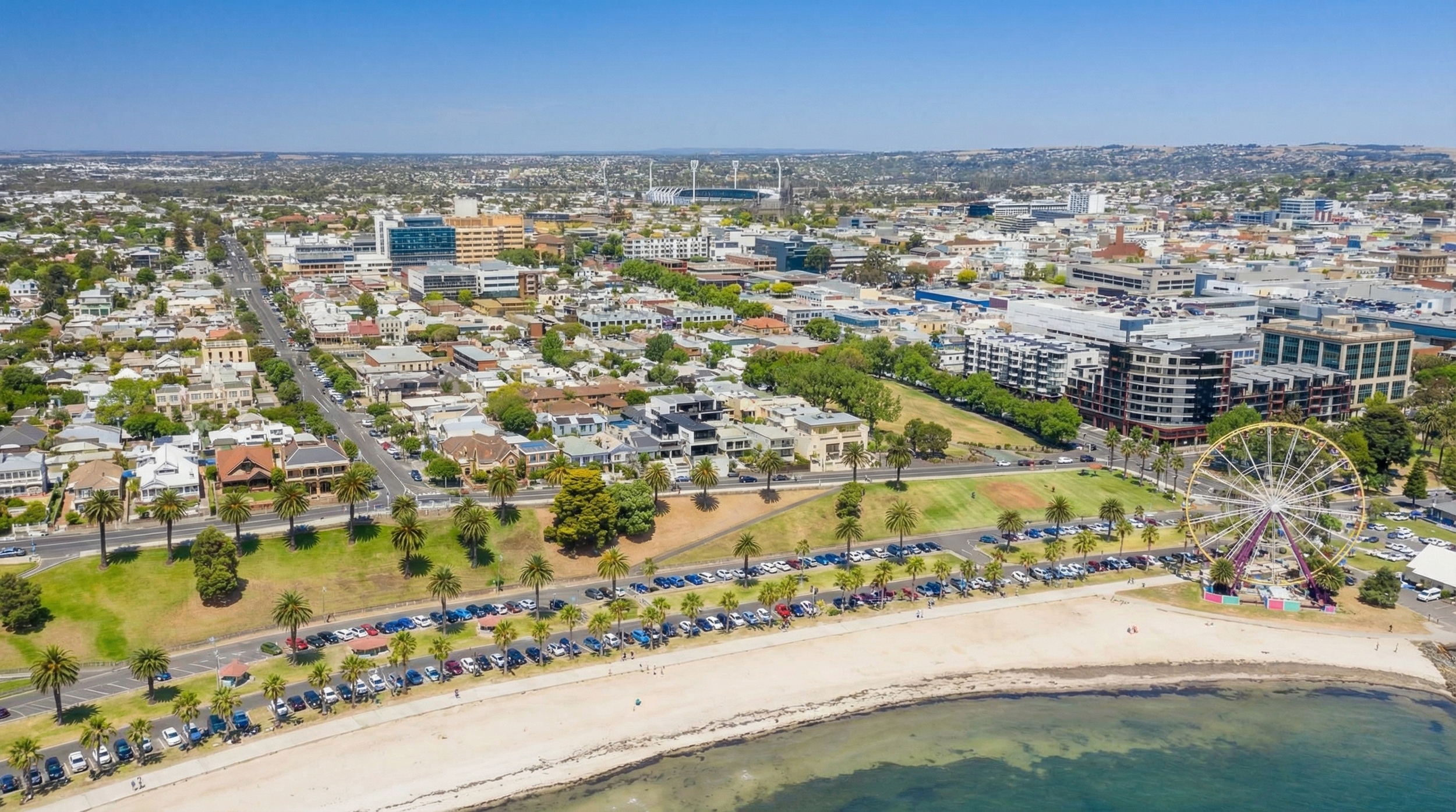 Aerial view of the Geelong Waterfront and CBD skyline, representing our local presence as specialist private lenders for Geelong businesses.