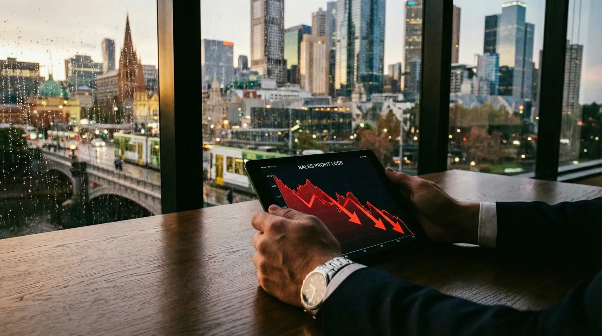 Businessman looking at a declining financial profit graph on a tablet in a Melbourne office, representing rising Australian insolvency in 2025.