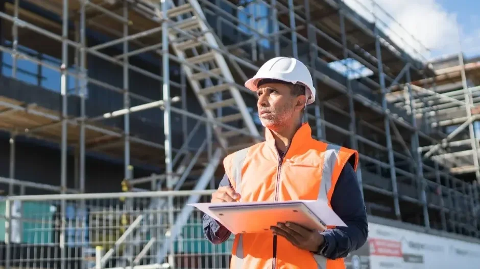 A construction worker wearing a white safety helmet and orange safety vest stands in front of a building under construction, holding a clipboard and pen.