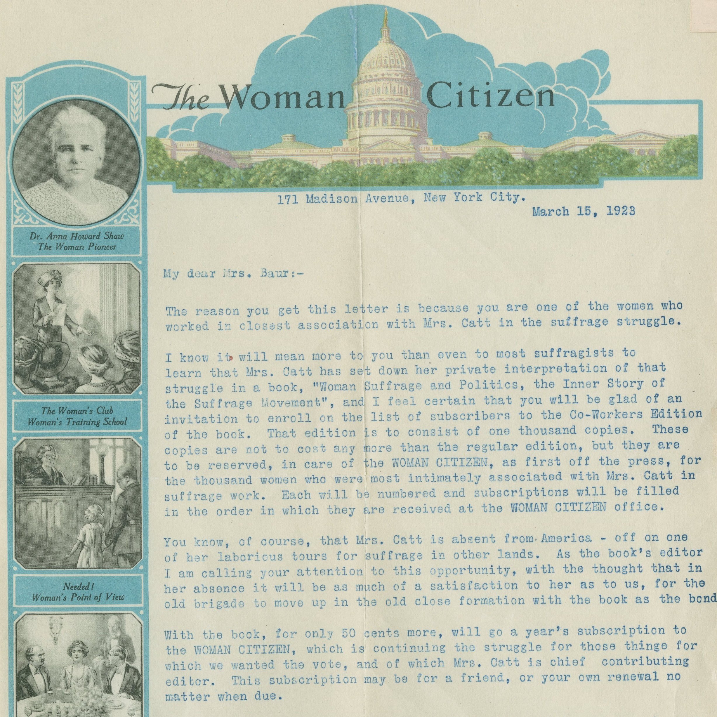 Carrie Chapman Catt’s Book, with editor’s letter promoting the “Co-Workers Edition”