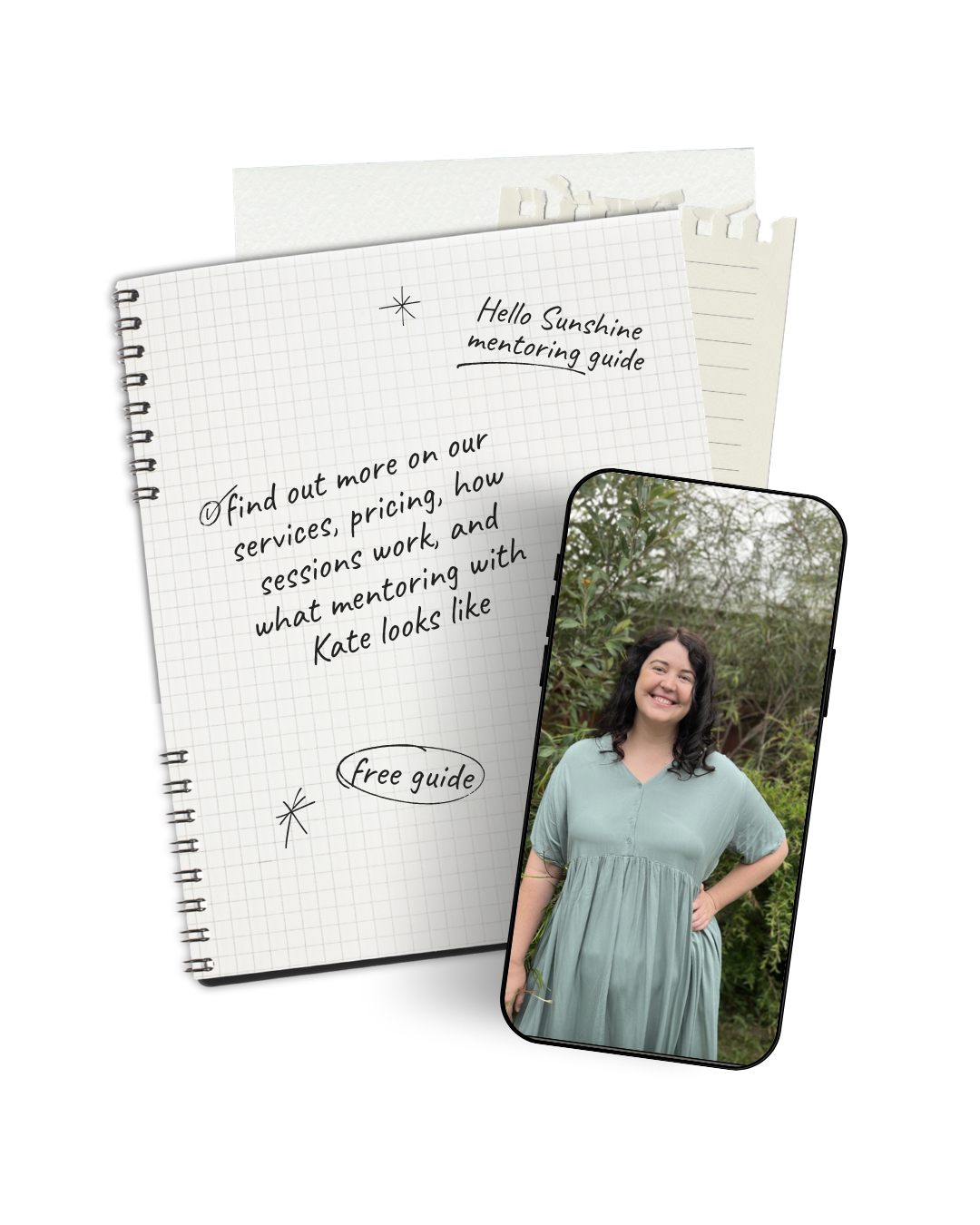 A notebook with handwritten text about a mentoring guide, a photo of a smiling woman in a light green dress, and a blank envelope in the background.