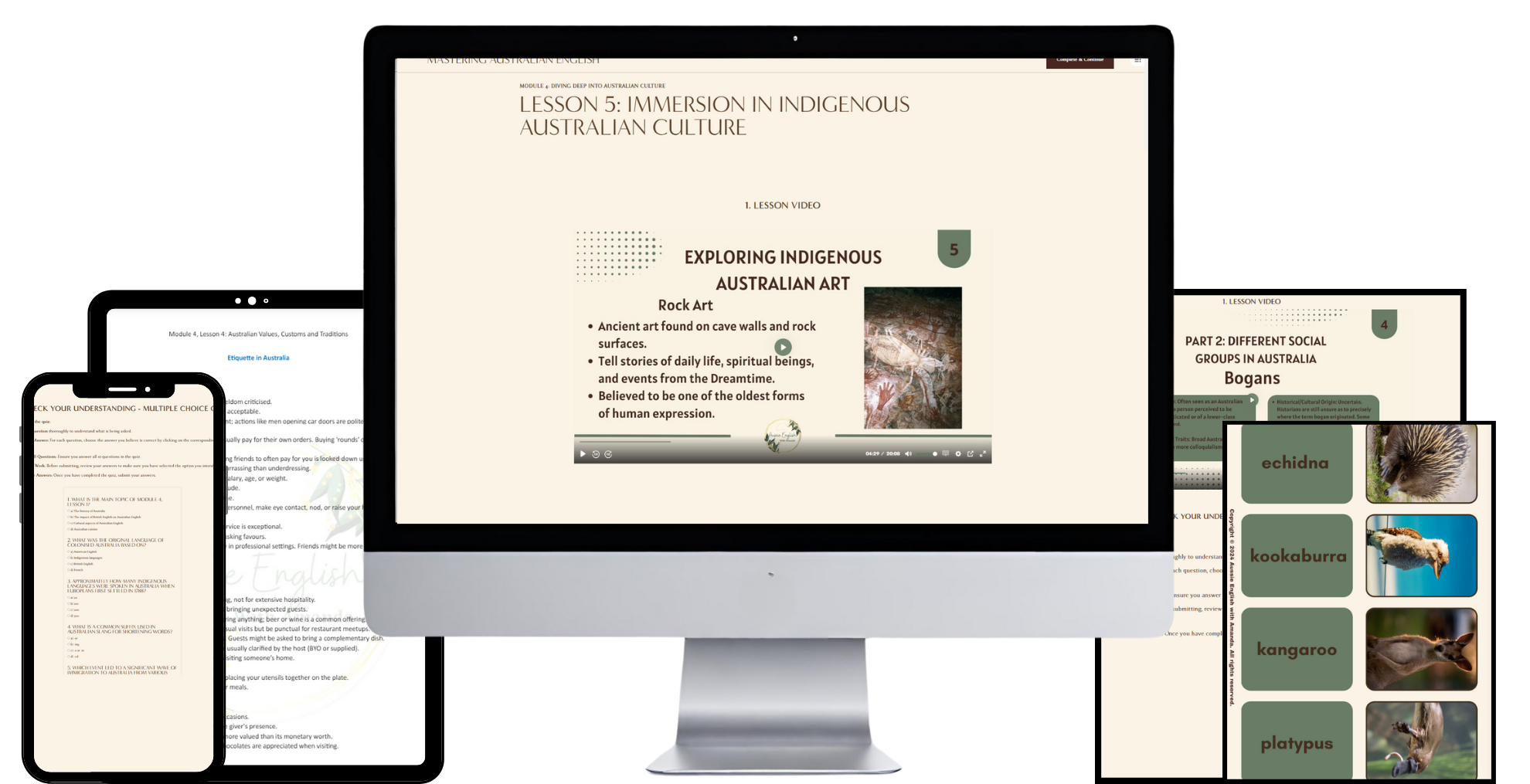 Screenshots of educational materials and video lesson on Indigenous Australian culture, including lessons on Aboriginal art, social groups, and animal names, displayed on a computer, tablet, and smartphone.