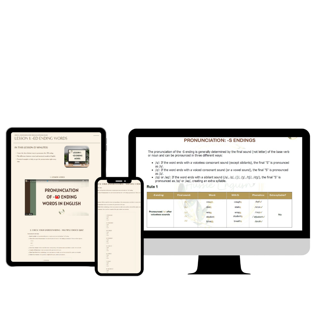 Screenshot of an online language learning lesson about ending sounds in English, displayed on a computer and a mobile device, with lesson titles, text, and informational tables.