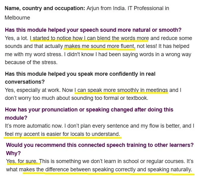Highlighted text from a page, with some sections underlined in yellow, discussing speech training and pronunciation improvement.