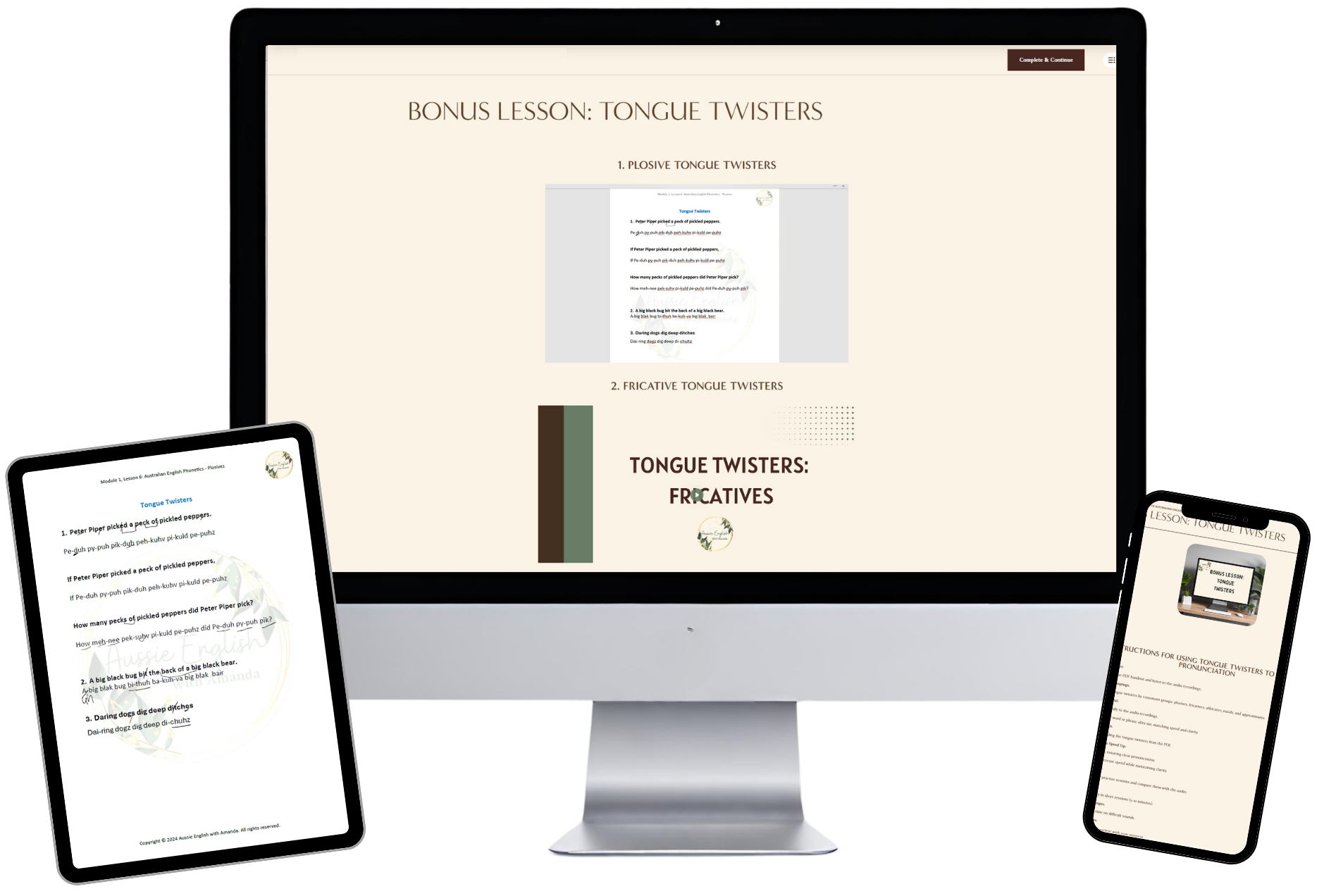 Digital screens displaying a lesson on tongue twisters, including exercises for plosive and fricative types, with instructions and example phrases.