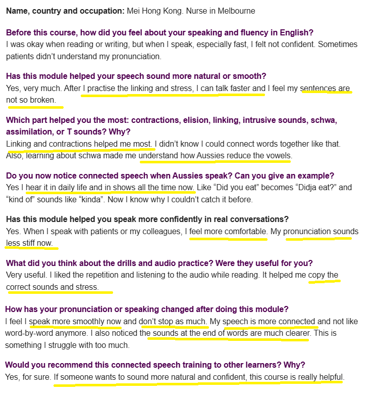 Text-based interview discussing speech therapy training, including experiences with modules, pronunciation, connected speech, and confidence in speaking.