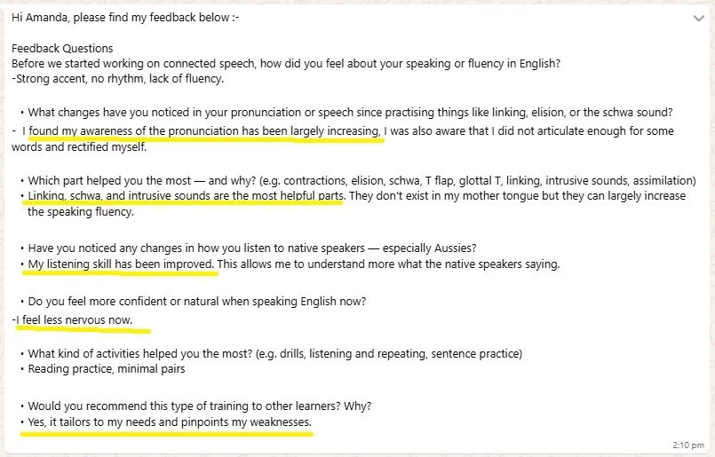 Screenshot of a feedback form for an English speaking course, including questions about pronunciation, speech, listening skills, confidence, preferred activities, and trainer recommendations.