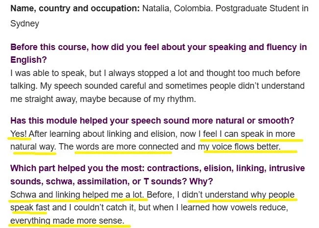 Excerpt from a text discussing language learning, speech fluency, and the effects of voice flow and speech module training on pronunciation and understanding.