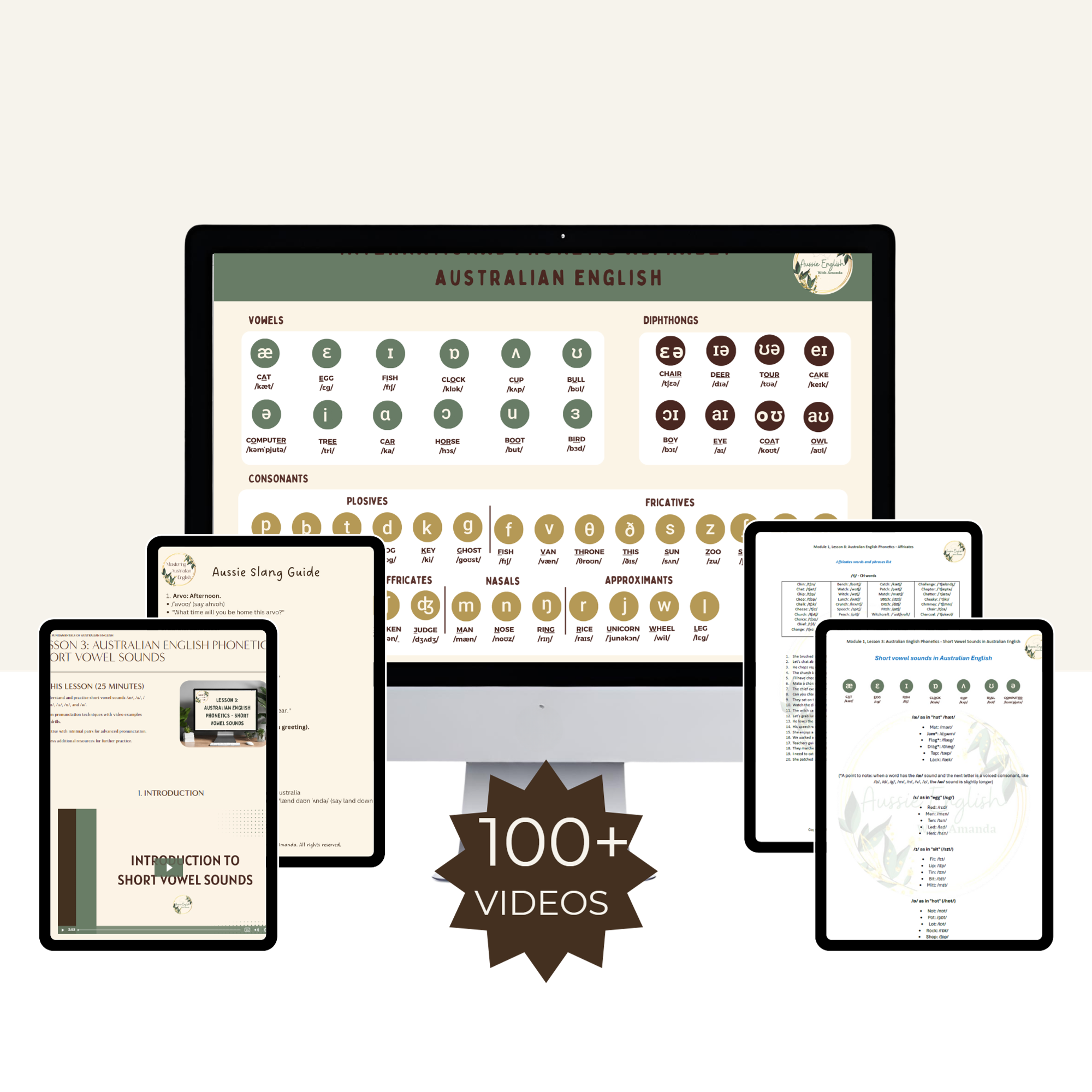 Digital display featuring Australian English phonetic guides, including vowel and consonant charts. Multiple screens show educational materials. A badge indicates over 100 videos included in the learning package.