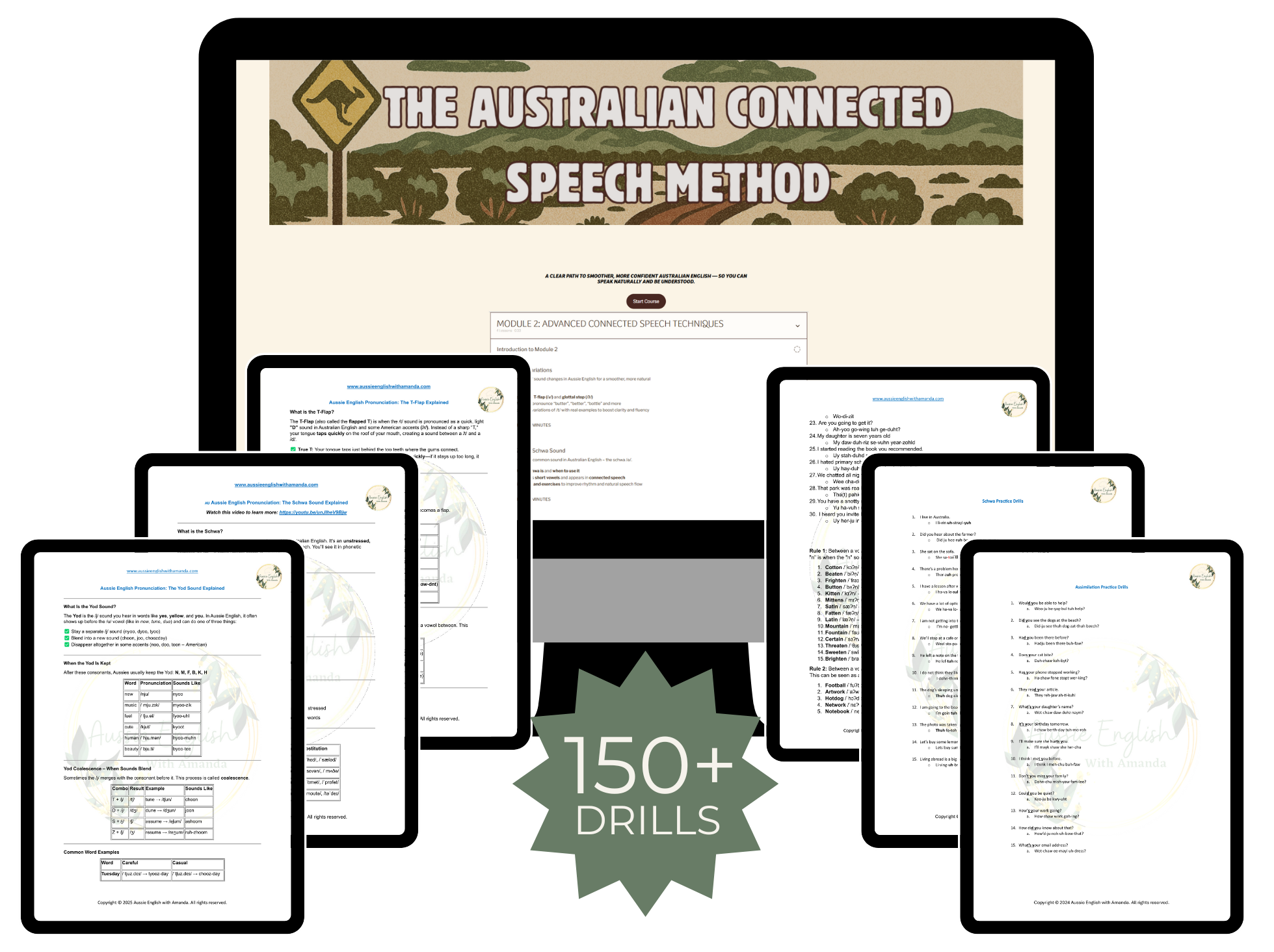 Digital cover of a resource titled 'The Australian Connected Speech Method' featuring 150+ drills for speech techniques, with tablets displaying instructional content and a laptop in the background.