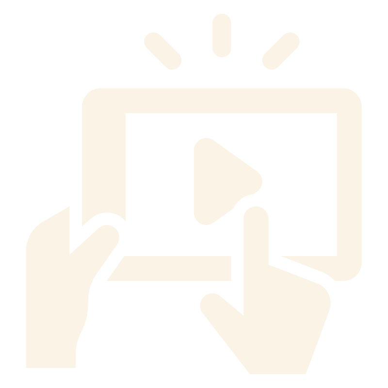 Icon of hands holding a tablet with a play button and radiant lines