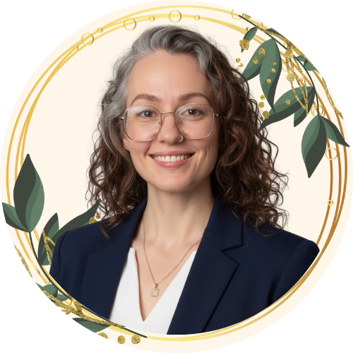 A woman with curly gray hair, glasses, and a navy blazer smiling at the camera, with a decorative gold and green botanical background.