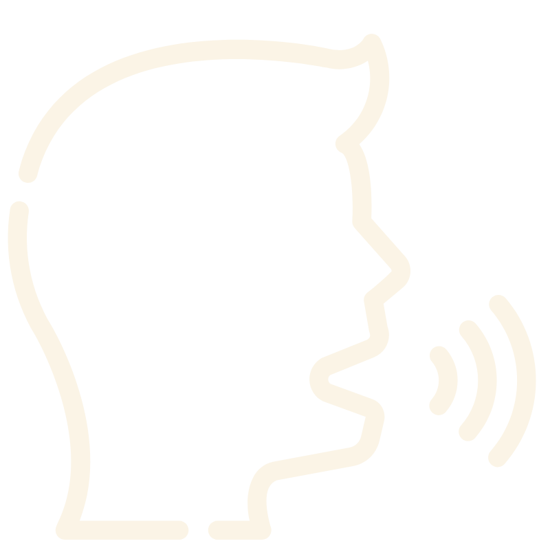 Outline of a person's head speaking with sound waves emanating from the mouth.