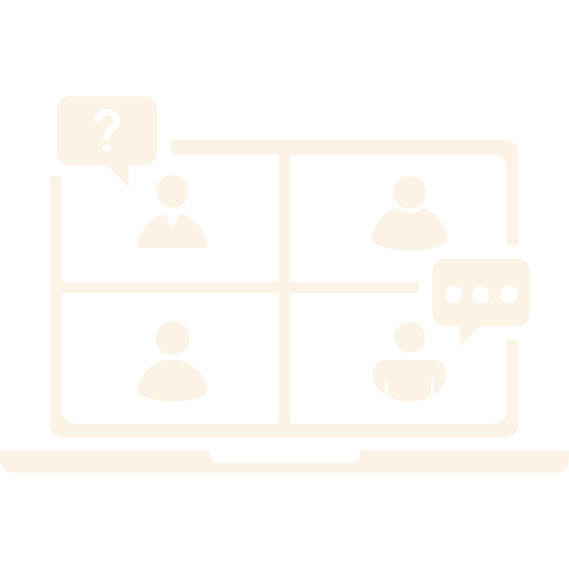 Illustration of a virtual meeting on a laptop screen, showing four person icons in a grid, with speech and question bubbles.