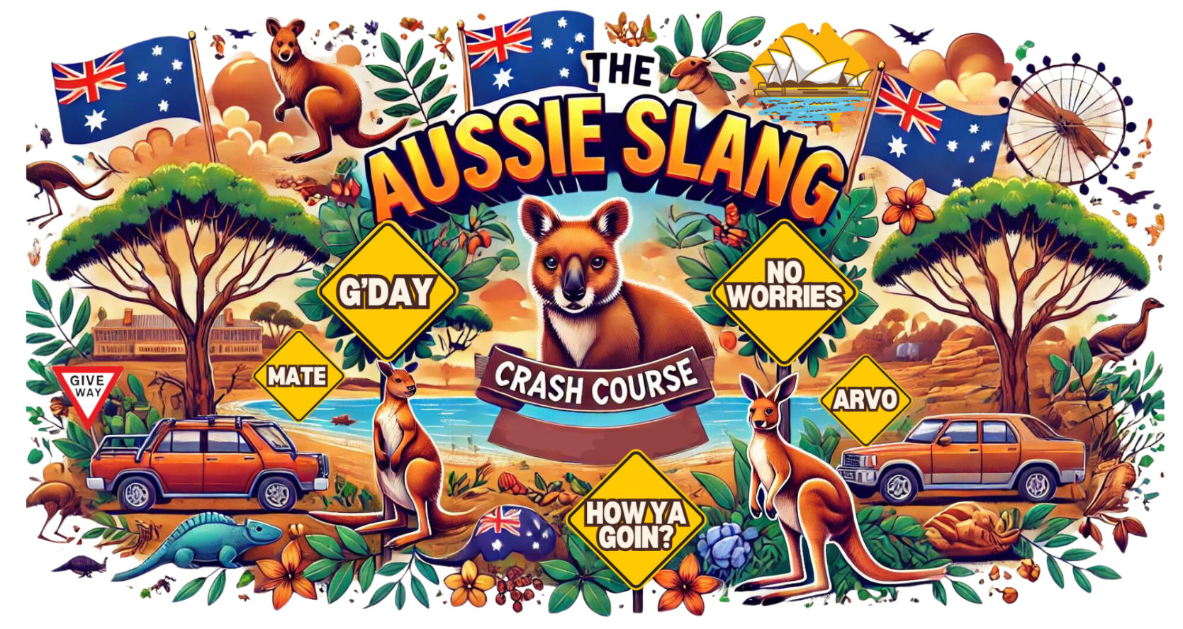 Colorful illustration titled "Aussie Slang Crash Course" featuring kangaroos, koalas, and Australian flags. Includes signs with slang words: "G'Day," "No Worries," "Mate," "Arvo," and "Howya Goin'?". Background includes iconic Australian imagery like a beach, Sydney Opera House, and native wildlife.