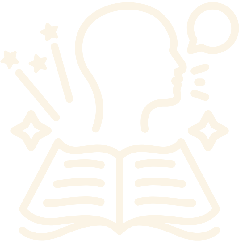 Illustration of a person speaking with an open book, stars, and speech bubble, symbolizing communication and storytelling.