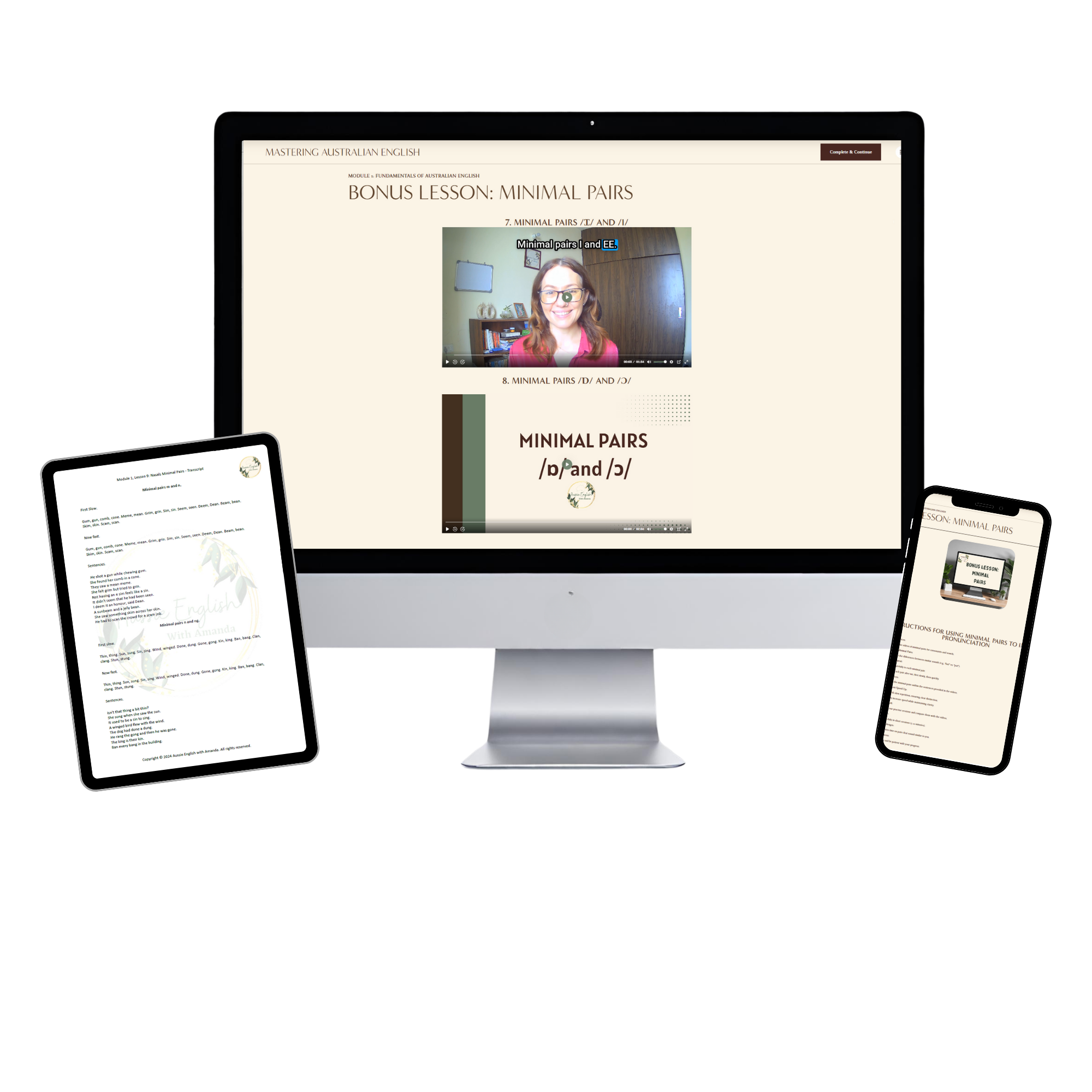 Digital display featuring a course titled 'Bonus Lesson: Minimal Pairs' on a computer, with small tablet and phone screens displaying associated course materials.