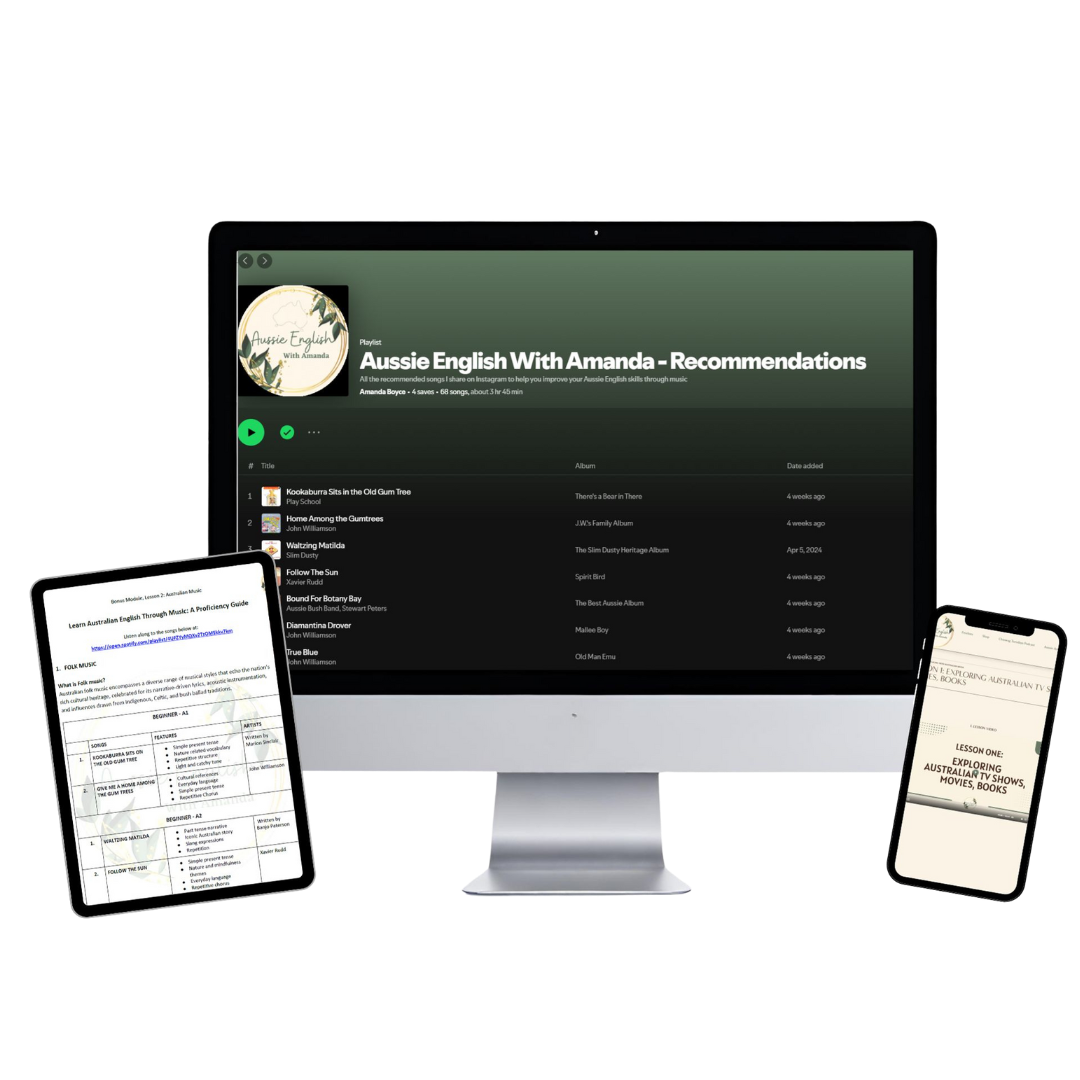 A computer monitor, tablet, and smartphone displaying "Aussie English With Amanda - Recommendations," a Spotify playlist, and an English learning guide.