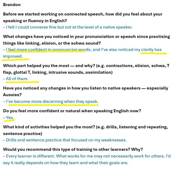 Text excerpt of an interview with Brandon discussing his progress in English speaking, pronunciation, and fluency, including questions about confidence, pronunciation changes, active listening, and training methods.