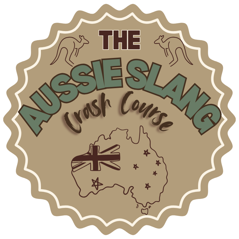 Logo with text 'The Aussie Slang Crash Course' featuring a map of Australia and kangaroos.