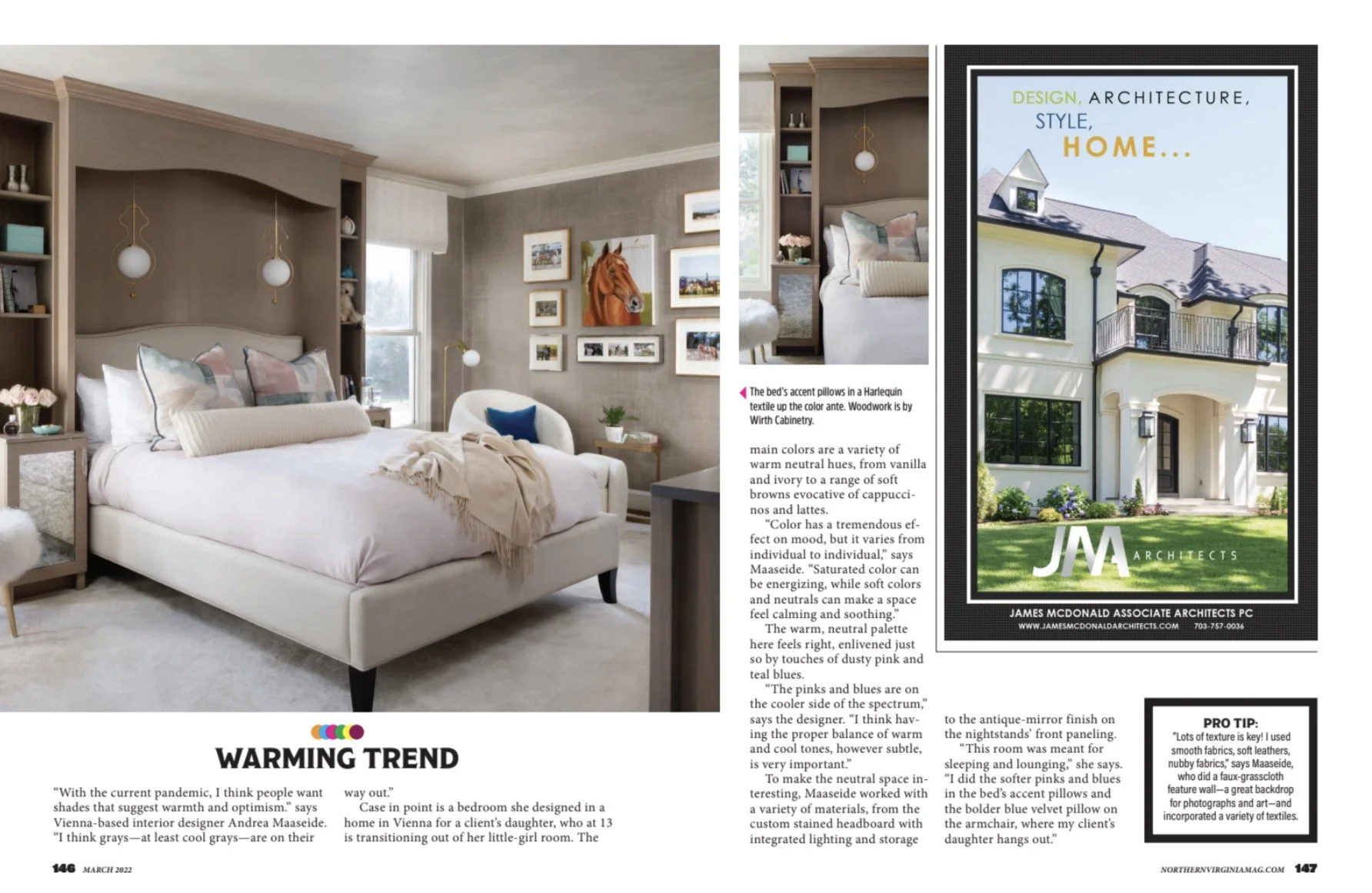Interior of a bedroom with a large white bed, decorative pillows, bedside tables, and artwork on the walls. The room features neutral tones with warm accents and modern decor.